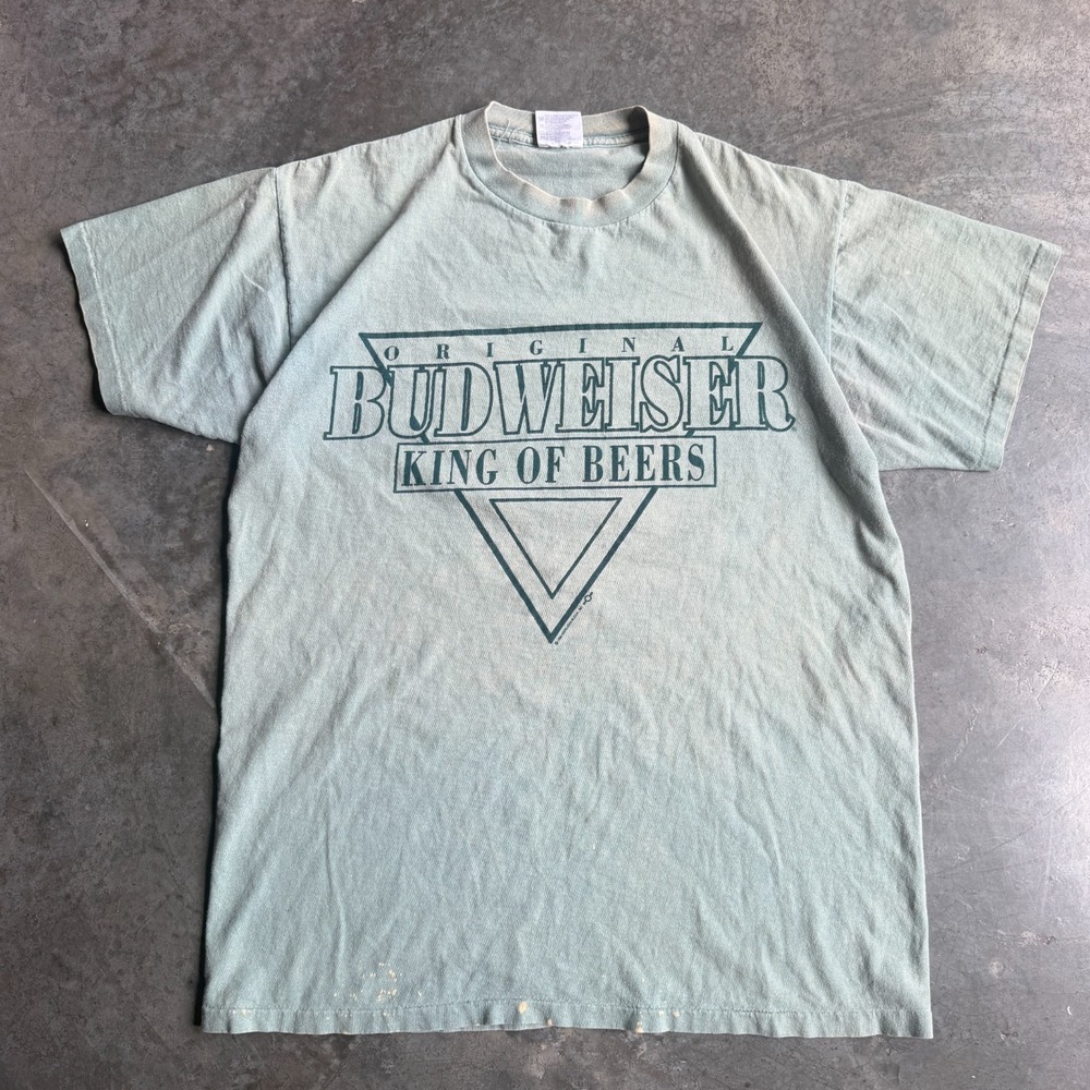 Vintage 90s Budweiser King of Beers Graphic Shirt Green Faded Mens Large 20.5x29